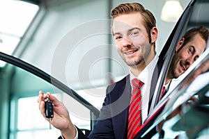 Young man or auto dealer in car dealership