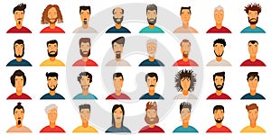 Young Man Avatar flat style vector icon set. Male Faces icon design collection with different styles of hairstyle, beard