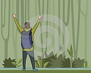 A young man, back view of backpacker with raised hands in the jungle forest. Hiker, Explorer, mountaineer.