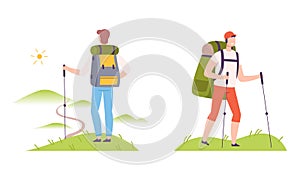 Young Man with Backpack Camping Walking with Pole Vector Illustration Set