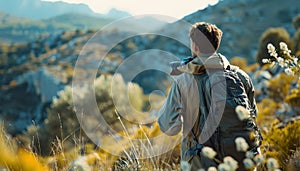 Young man with backpack hiking in mountain, standing ant looking at breathtaking nature landscape of mountains peak in