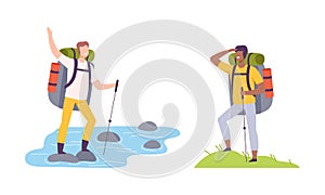 Young Man with Backpack and Pole Camping Walking Across Pond and Hills Vector Illustration Set