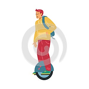 Young man with backpack ride on electric device mono wheel a vector illustration