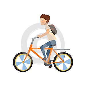 Young man with backpack riding bicycle, sport and physical activity concept vector Illustration i on a white background