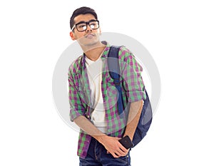 Young man with backpack and smartphone