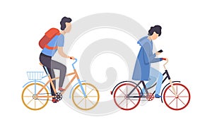 Young Man with Backpack and Smartphone Riding Bicycle Vector Set