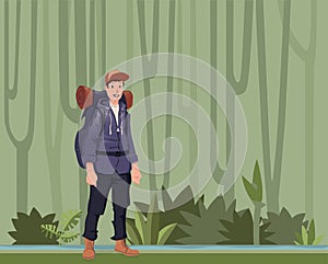 A young man, backpacker in the jungle forest. Hiker, Explorer. Vector Illustration with copy space.