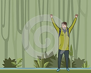 A young man, backpacker with raised hands in the jungle forest. Hiker, Explorer, mountaineer. A symbol of success