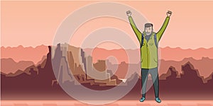 A young man, backpacker with raised hands in mountain landscape. Hiker, Explorer. A symbol of success. Vector