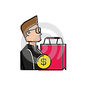 Young man with bag shopping and coin dollar