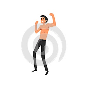 Young Man with Bare Chest Dancing and Having Fun at Open Air Concert, Rock Fest, Outdoor Summer Music Festival Vector