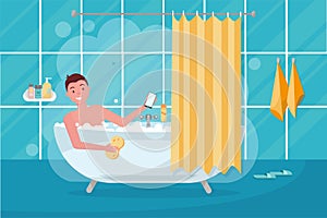 Young man in bathtub bubble foam. Bathroom home interior with bath in tile with shower curtain. Guy holding washcloth and using