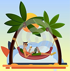 A young man on the beach relaxing and drinking cocktail under the heat of the sun with two coconut tree. A flat cartoon style with