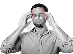 Young Man with Beard suffering Headache and migraine in pain expression