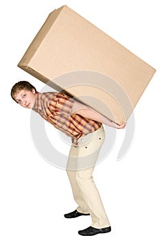 Young man bears the big box on a back