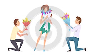 Young Man Bending Knee and Giving Bouquet of Flowers to Happy Woman Vector Set