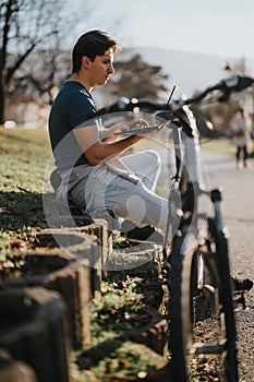 Young man with a bicycle using a smart phone in a sunny park