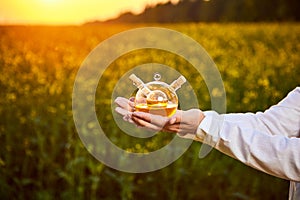 A young man biologist or agronomist examines the quality of rapeseed oil on a rape field. Agribusiness concept