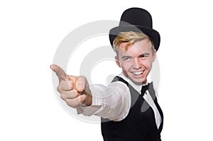 The young man in black classic vest and hat