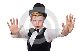 The young man in black classic vest and hat