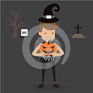 Young Man in Black Hand Holding Pumpkin. Concept Halloween Party Vector Illustration Flat Style.