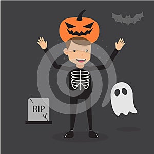 Young Man in Black With a Pumpkin Hat. Concept Halloween Party Vector Illustration Flat Style.