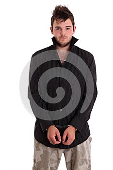 Young man in black shirt with handcuffs