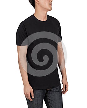 Young man in black T shirt mockup isolated on white background with clipping path.