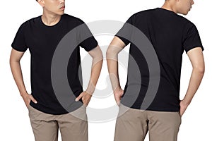 Young man in black T shirt mockup isolated on white background with clipping path.