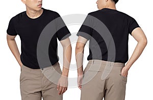 Young man in black T shirt mockup isolated on white background with clipping path.