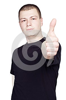 Young Man with black t-shurt showing Thumb Up