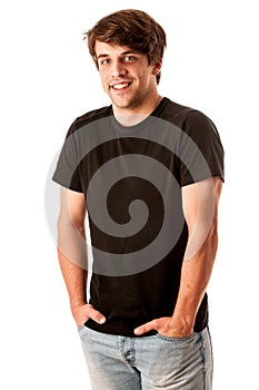 Young man in black tshirt isolated over white