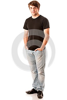 Young man in black tshirt isolated over white