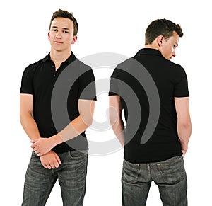 Young man with blank black polo shirt photo