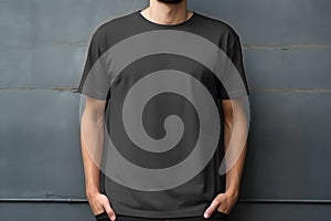 Young man in blank black t-shirt on gray wall background. Hipster wears t-shirt mock up template for design print