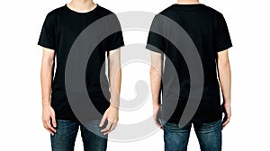 Young man in blank black t-shirt isolated on white background, Front and back views of mock up for design print.