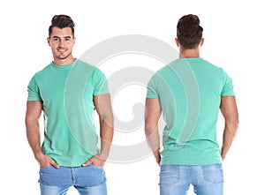 Young man in blank green t-shirt on white background