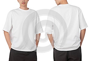 Young man in blank oversize t-shirt mockup front and back used as design template, isolated on white background with clipping path photo