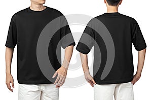 Young man in blank oversize t-shirt mockup front and back used as design template, isolated on white background