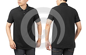 Young man in blank Polo t-shirt mockup front and back used as design template