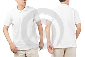 Young man in blank Polo t-shirt mockup front and back used as design template