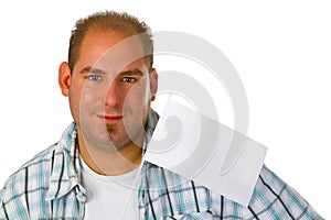 Young man with blanko flag