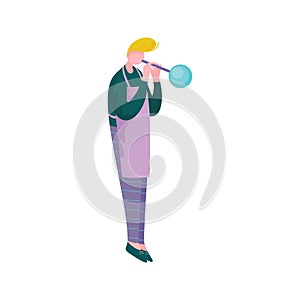 Young Man Blowing Glass, Male Glassblower or Glassworker Character, Hobby or Profession Vector Illustration