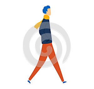Young man with blue hair walking confidently in casual attire. Stylish male character in motion, side view. Casual urban
