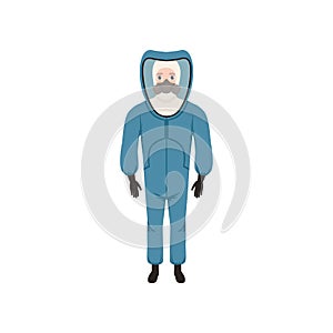 Young man in blue protective costume, gas mask and gloves. Protection from bio or radioactive hazard. Flat vector design