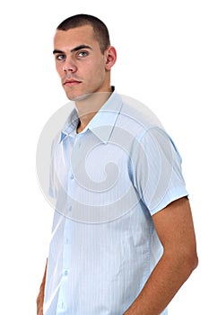 Young man in blue shirt isolated on white