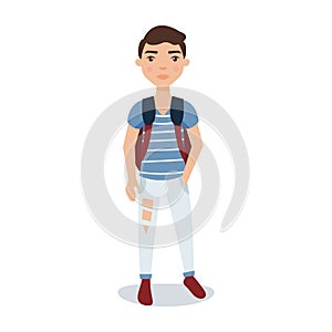 Young man in a blue shirt, ripped jeans standing with a backpack cartoon character vector Illustration