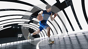 Young man in blue uniform, basketball player in motion, dribbling ball at 3D basketball arena, court with lights