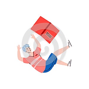 Young man with book floating in zero gravity, flat vector illustration isolated.