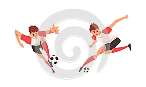 Young Man in Boots and Knee-highs Playing Football or Soccer Moving the Ball Around Pitch Scoring Goals Vector Set